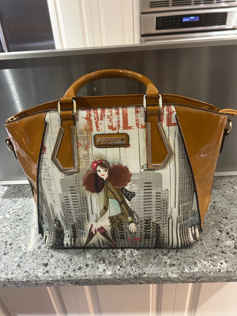 Graphic Canvas Satchel with Mustard Patent Trim